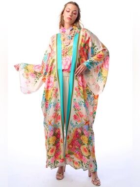 EARTH ANGELS MAXI KIMONO Floral Satin Kimono Robe with Turquoise Trim
